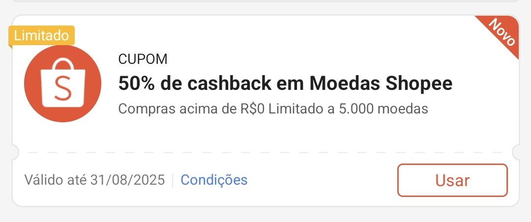 🚨 CUPOM SHOPEE LIBERADO 🚨 

🔥 50% de Cashback, limitado a 5000 moedas. Válido em todo o app

🎟 Código: PEE5KSHOX9

🔗 COPIE E COLE O CUPOM AQUI: s.shopee.com.br/8KU0TbpABO

🛒 Link para o carrinho:
s.shopee.com.br/2fpkgBMUeS