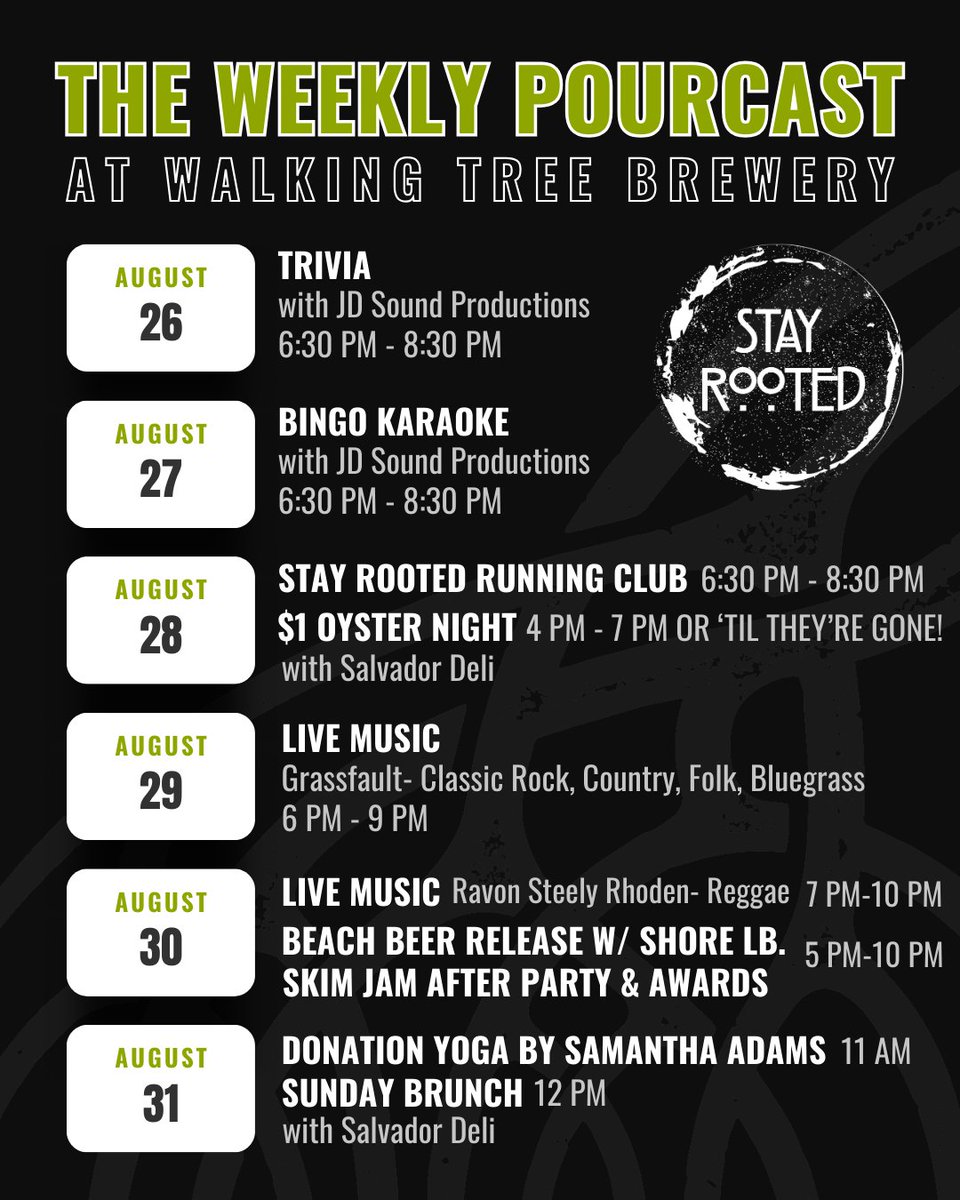 Help us close out August with a killer line-up of live music, events, and of course...craft beer! Grab your friends and come hang with us this week.

#walkingtreebrewery #verobeach #verobeachfl