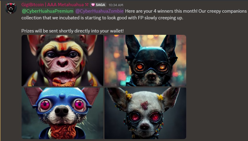 WM #Cyberhuahua's 🐶

🎁We just had our monthly draw and have selected our winners for <a href="/CreepCompanions/">Creepy Companions | Horde Of The Undead</a> NFTs as we continue to support our incubator project!

Congrats to our winners 🎉

NFTs will be sent shortly, check your wallets 📩

<a href="/ChihuahuaChain/">Chihuahua ($HUAHUA)</a> #HUAHUA #OGEES