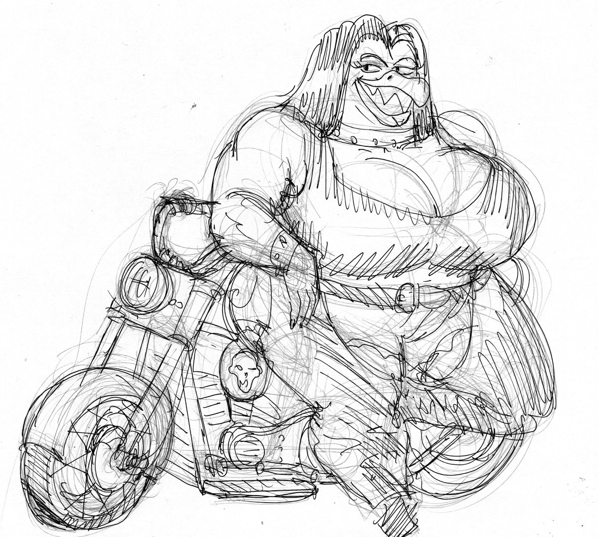 A sketch of Mary leaning against her motorcycle smiling.
