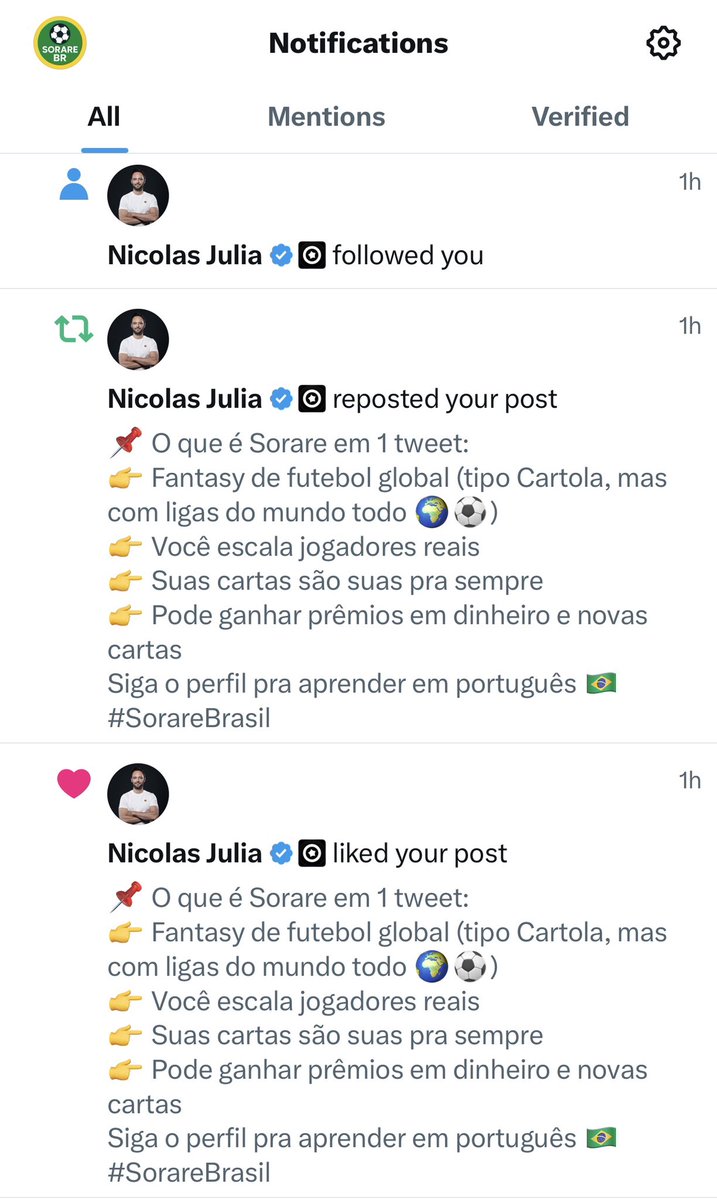 SorareBRA's tweet photo. 🚀 Começando com o pé direito: meu primeiro seguidor aqui no @SorareBRA foi ninguém menos que o CEO do Sorare, @ni2las 👀🔥

Bora mostrar a força do Brasil no #Sorare! 🇧🇷⚽ https://t.co/yV65OOH7h3