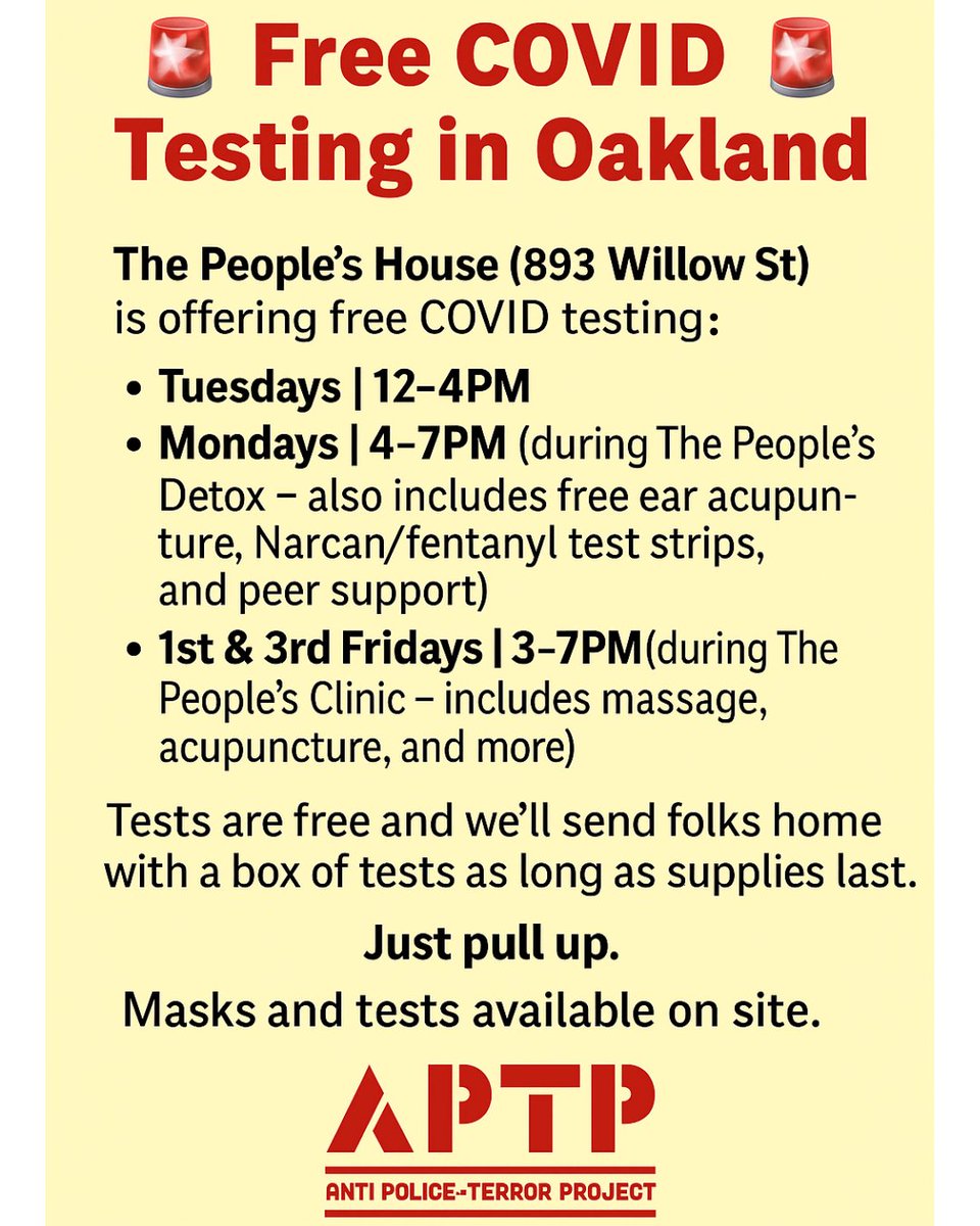 APTPaction's tweet image. FREE COVID TESTING in Oakland

APTP is offering free tests at The People’s House (893 Willow St) during:

Mon 4–7PM (Detox clinic)
Tues 12–4PM
1st &amp;amp; 3rd Fri 3–7PM (Healing clinic)

No ID. No insurance. Just care.

#WeKeepUsSafe #COVIDCare #APTP #Oakland