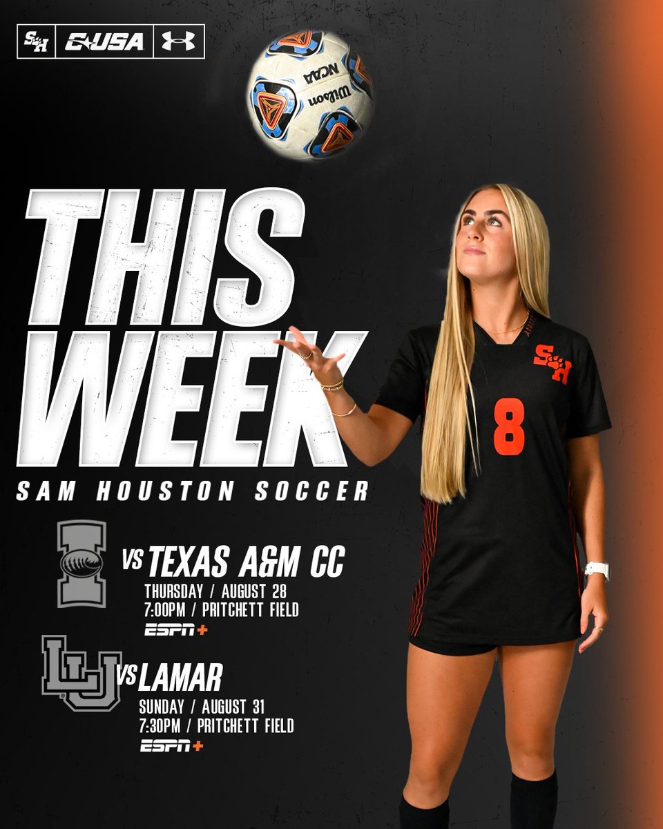 A full week of Bearkat Soccer is here. Don’t miss a moment!
⚽ Aug. 28 Hometown Heroes Night vs. Texas A&amp;M–Corpus Christi
🐾 Aug. 31 Pups at the Pitch vs. Lamar
#EatEmUpKats