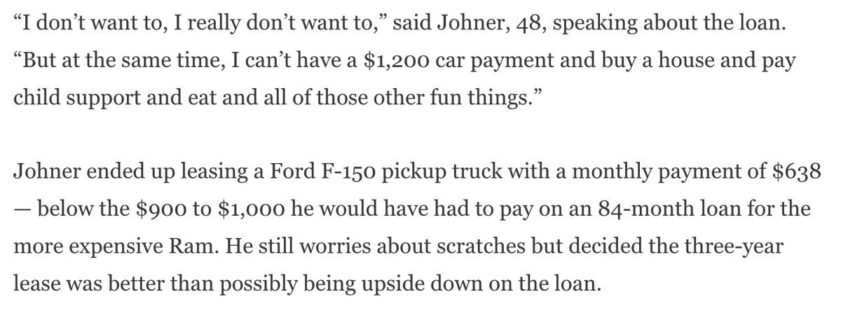 The monthly payment for a Ram truck can be $900-$1K, over 7 years! 

If the median monthly income in the US is ~$5K, that doesn't leave much over. And yet trucks still give off "outdoorsy working man" vibes, rather than high-end luxury good that'll land you in debt.