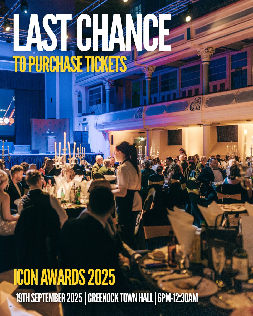 InverChamber's tweet image. ⏰ LAST CHANCE! Tickets for the ICON Awards 2025 are going fast — deadline is Thursday, 5th September!

🎟️ Book here: monkeylink.co/b8010b

#ICONAwards2025 #FinalCall #InverclydeIcons #AwardsNight #InverclydeChamber