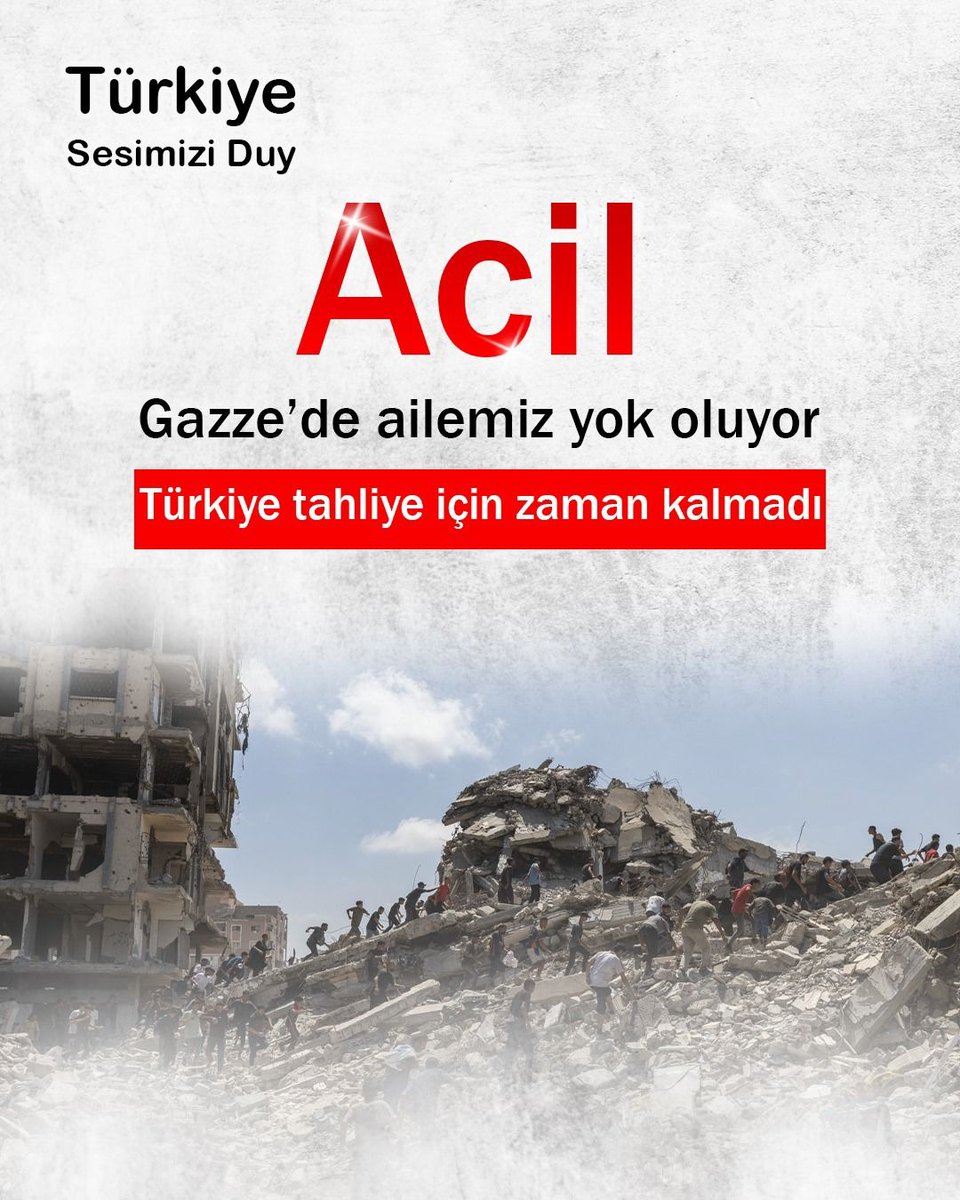 "Gazze’de açız, hastalar ilaçsız, çocuklarımız korku içinde. Her dakika yeni ölüm demek. Türkiye, tahliye şimdi olmalı, lütfen! #TürkiyeSesimiziDuy #Gazze #Filistin"