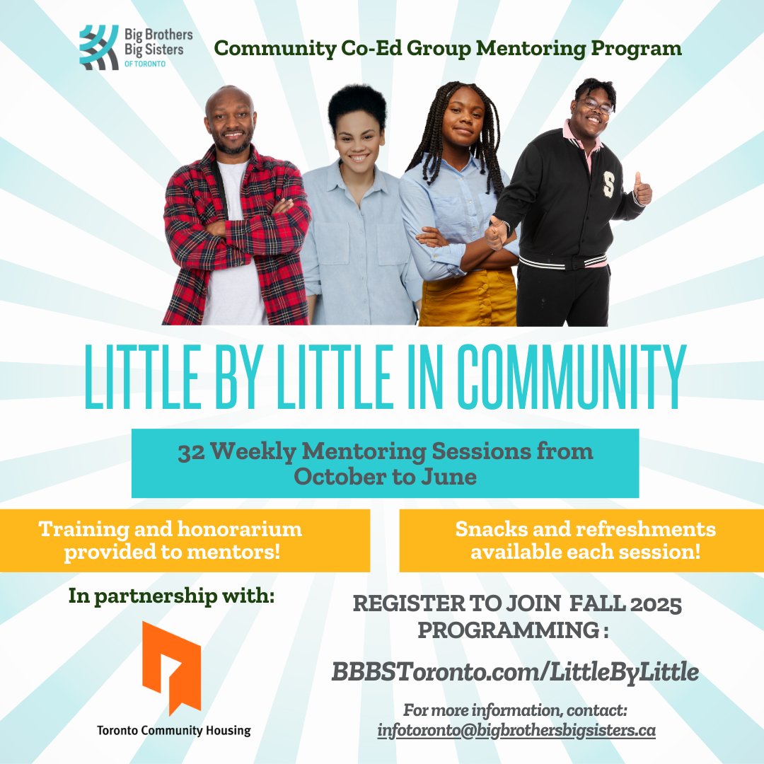 🌟 Little by Little in Community launches this Fall in @tohousing buildings across North West Toronto! 

Mentors sign up by Aug 31 (honorarium included) + youth register now for weekly fun &amp; support 👉 bbbstoronto.com/littlebylittle 

#MentorshipMatters #BBBST #LittleByLittle
