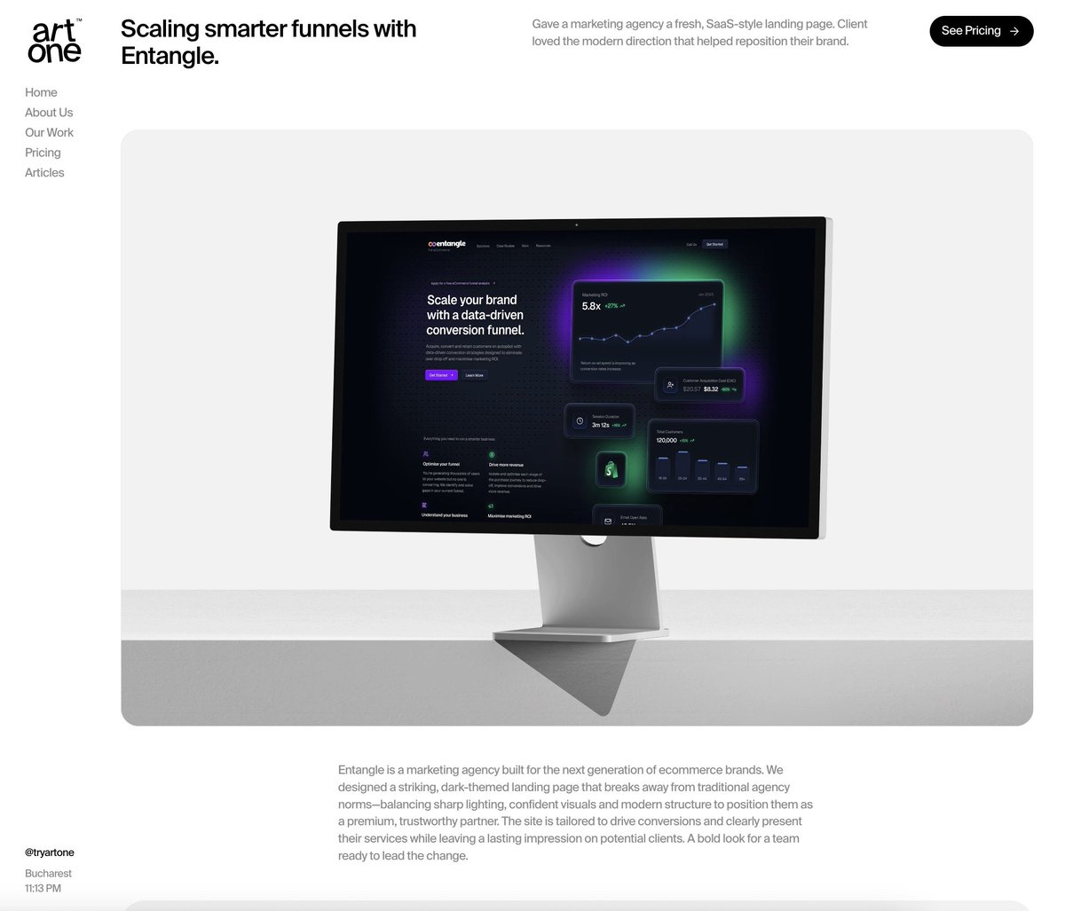 Made some improvements to artone.studio in the dark:

• Added a video showcase on the home page
• Improved the pricing section to make the offer clearer
• Introduced individual case study pages for key projects