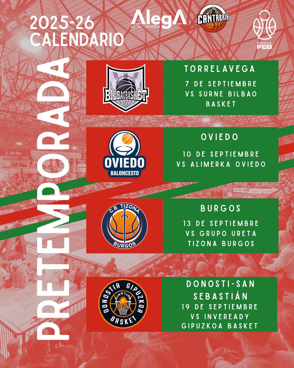 📅 Definido el calendario de pretemporada del equipo.

#TuTambienJuegas #BaloncestoEnTorrelavega