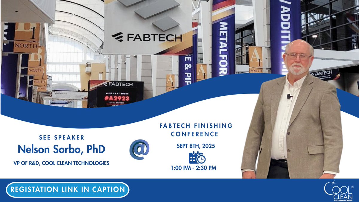 Cool Clean’s own Dr. Nelson Sorbo is speaking at #FABTECH2025! 🎤

Looking for automated, non-hazardous, and waterless cleaning solutions? This is a session you won’t want to miss!

📅 Sept 8 | 🕐1:45–2:30 PM
📍 McCormick Place, Room E253B

Register Today! i.snoball.it/p/hMFAM/l