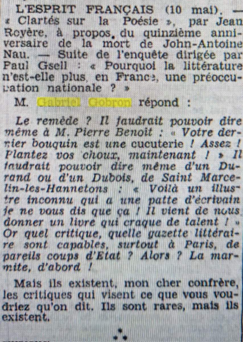 Jeedhr's tweet image. 26 mai 1933, dans l&apos;écho d&apos;Alger qui cite les propos de Gabriel Gobron dans &quot;l&apos;esprit français&quot; sur les raisons du manque d&apos;intérêt de la littérature en France.

Il pointe l&apos;entre-soi parisien dont il a lui-même souffert.