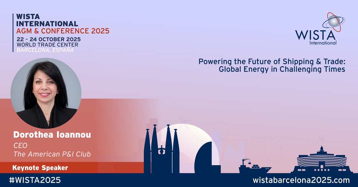WISTA International (@wistaint) on Twitter photo 🎤 Speaker Announcement - Dorothea Ioannou, CEO of the Managers of <a href="/americanpandi/">American P&I Club</a>
Thrilled to announce that Dorothea, a leading voice in the global #maritime industry, will be joining us as a keynote speaker at #WISTA2025🌊
Stay tuned for more details!
#wista #diversity 🎤 Speaker Announcement - Dorothea Ioannou, CEO of the Managers of <a href="/americanpandi/">American P&I Club</a>
Thrilled to announce that Dorothea, a leading voice in the global #maritime industry, will be joining us as a keynote speaker at #WISTA2025🌊
Stay tuned for more details!
#wista #diversity