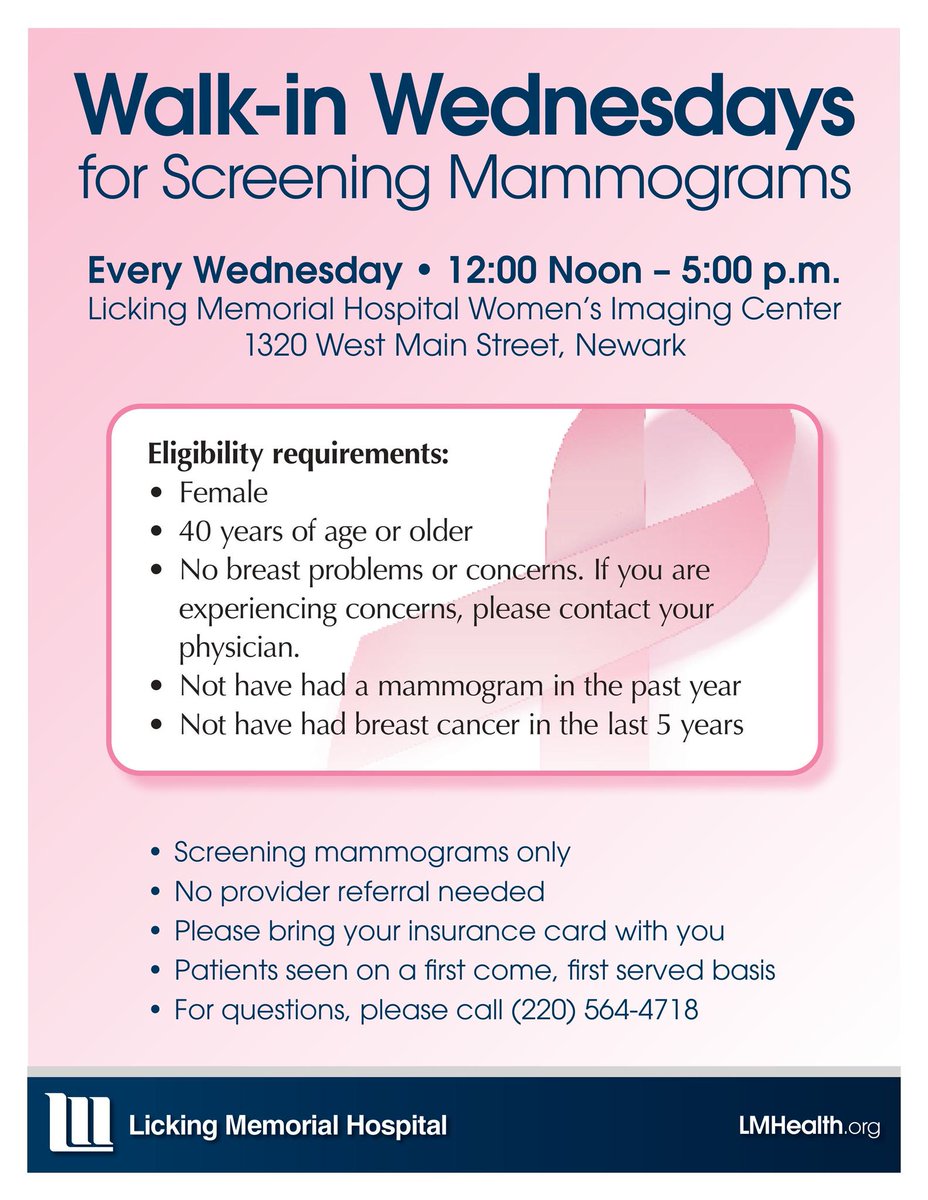 No appointment? No problem! Licking Memorial Hospital is offering Walk-in Wednesdays for screening mammograms every Wednesday from 12:00 noon to 5:00 p.m. at the Women’s Imaging Center (1320 West Main Street, Newark).

➡️ No referral needed
➡️ First come, first served
➡️ Just