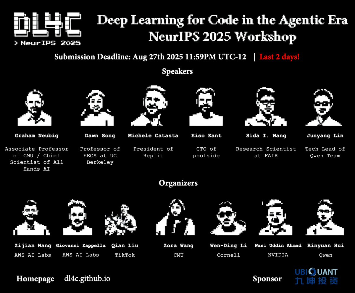 Deep Learning For Code @ ICLR'25 (@dl4code) on Twitter photo π¨ FINAL CALL: Only 2 days left to submit to the π»πππ‘ ππππ£ππππ ππ π£ βπ ππ ππ π₯ππ πΈππππ₯ππ πΌπ£π (DL4C) workshop at NeurIPS2025 !
πDeadline: Aug 27th, 11:59PM UTC-12
Amazing speaker lineup including experts from CMU, UC Berkeley, Replit, poolside, π¨ FINAL CALL: Only 2 days left to submit to the π»πππ‘ ππππ£ππππ ππ π£ βπ ππ ππ π₯ππ πΈππππ₯ππ πΌπ£π (DL4C) workshop at NeurIPS2025 !
πDeadline: Aug 27th, 11:59PM UTC-12
Amazing speaker lineup including experts from CMU, UC Berkeley, Replit, poolside,