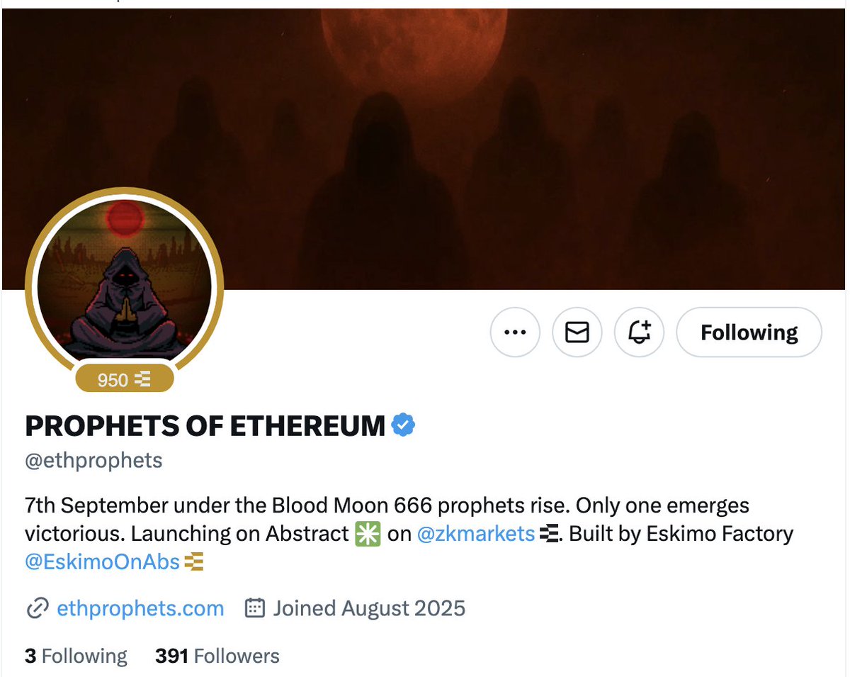 𝗘𝗮𝗿𝗹𝘆 𝗔𝗹𝗽𝗵𝗮

<a href="/ethprophets/">PROPHETS OF ETHEREUM</a> (~391 Followers)

- Prophets ethereum is first nft collection launching on <a href="/zkmarkets/">zkMarkets</a>.
- 666 Supply , 0.01 ETH
- Launching on abstract chain
- Your nft will burn if you list under floor.