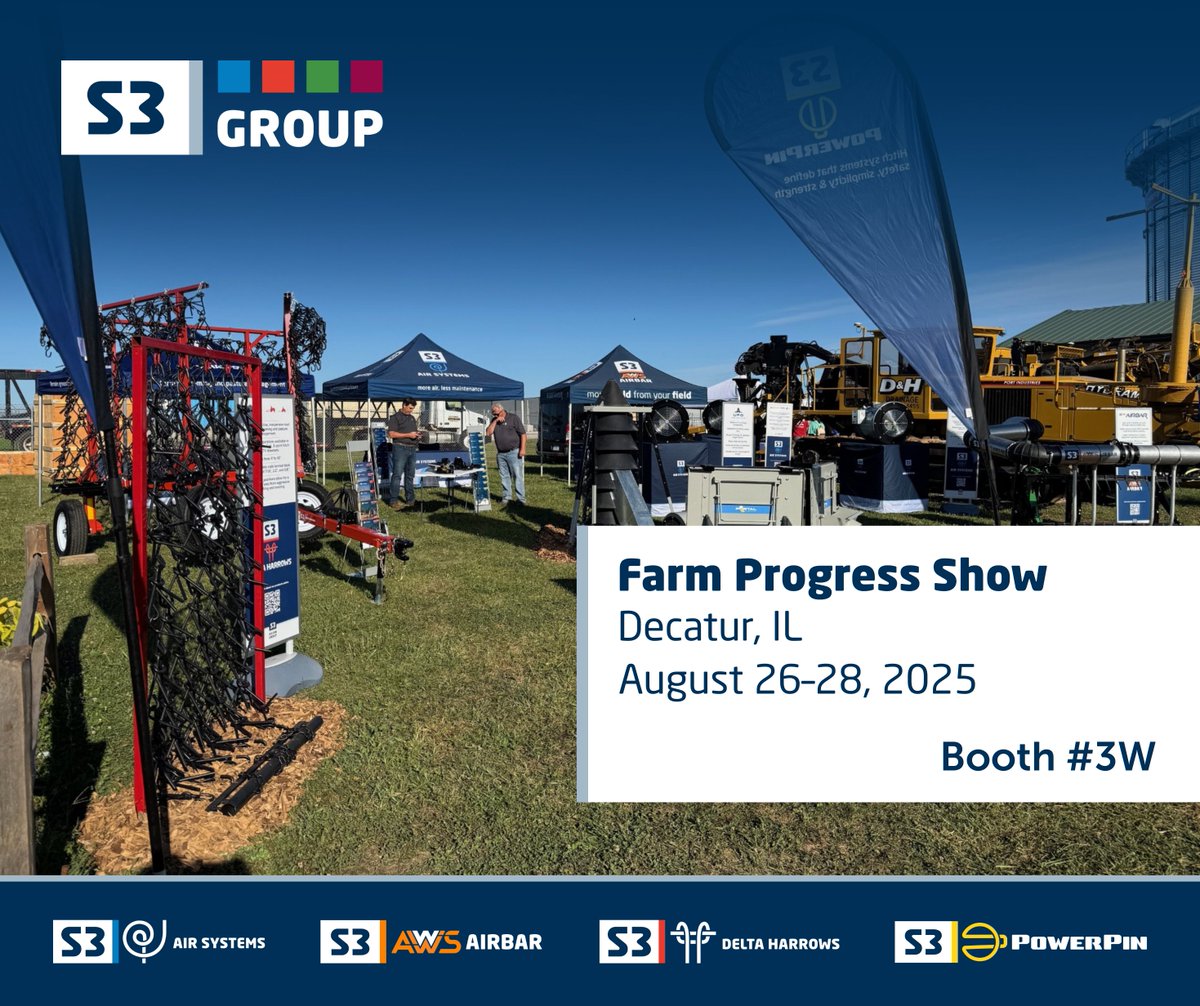 We’re live at the Farm Progress Show in Decatur, IL – the USA’s largest outdoor farm event! 🌾🇺🇸

Come see us now through August 28th at Booth 3W, where we’re showcasing innovations from:

• S3 AWS Airbar
• S3 Air Systems
• S3 PowerPin
• S3 Delta Harrows

Stop by to explore