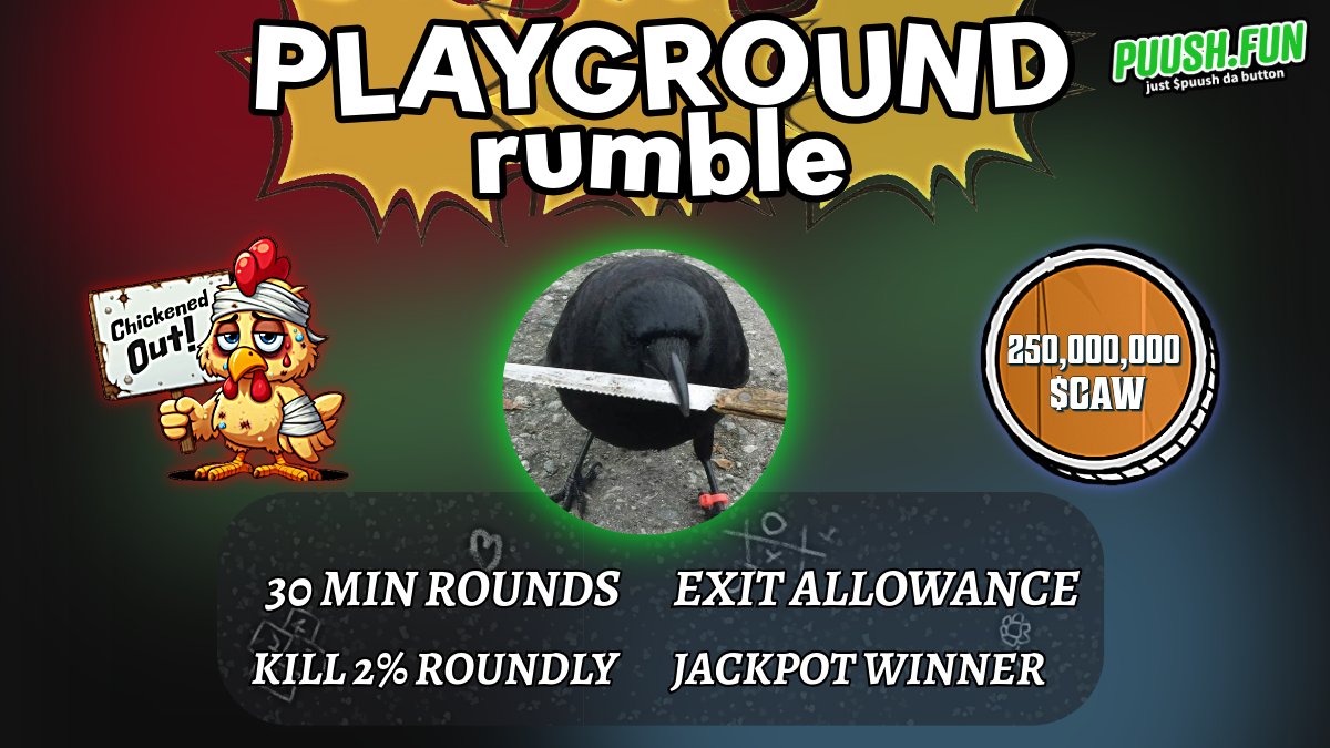 🔴PLAYGROUND RUMBLE CROW WITH KNIFE🔵

THEY'RE BACK! And this time... the <a href="/crow_with_knife/">crow with knife</a> are gonna be using those knives!

puush.fun/playground/caw…
TICKER ENTRY: 250,000,000 $CAW

With this Playground, we introduce... BOUNTIES! 
<a href="/cronos_chain/">Cronos</a> #crofam 

Look ⏬info how to join
