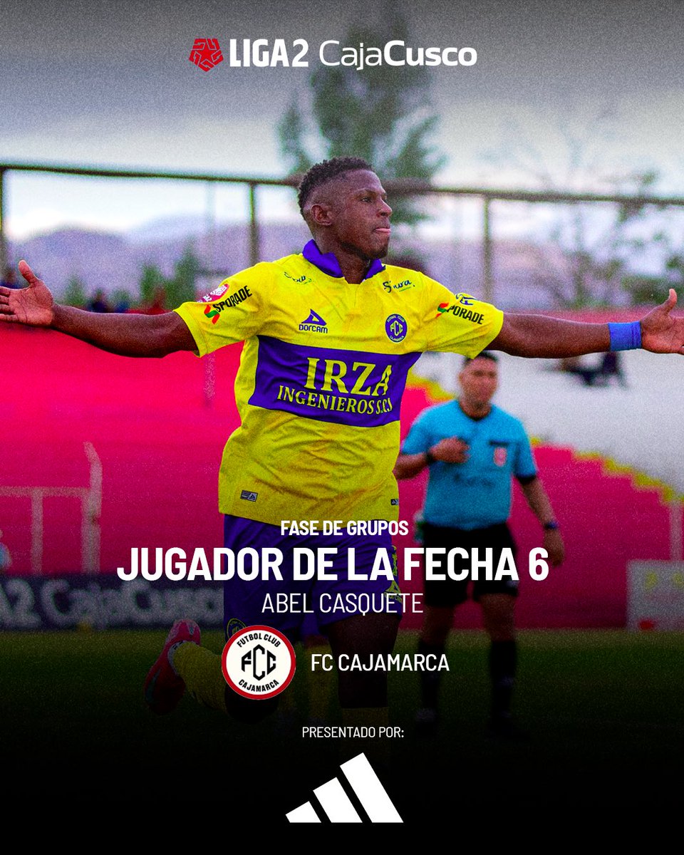 𝗘𝗹 𝗱𝗲𝘀𝘁𝗮𝗰𝗮𝗱𝗼 𝗱𝗲 𝗹𝗮 𝗳𝗲𝗰𝗵𝗮 👊

Abel Casquete, de FC Cajamarca, anotó 2 goles y es nuestro jugador <a href="/adidas/">adidas</a> de la Fecha 6️⃣ Fase de grupos.

#Liga2CajaCusco