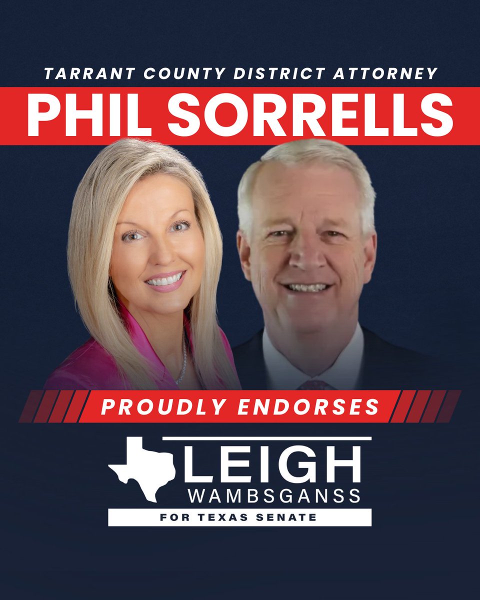 Leigh Wambsganss (@lwambsgansstx) on Twitter photo I’m proud to have the support of Tarrant County District Attorney <a href="/PhilSorrellsTX/">Phil Sorrells</a>, who works every day to keep our communities safe.
Like DA Phil Sorrells, I believe criminals must be held accountable. Texans deserve a justice system that protects the innocent, supports law I’m proud to have the support of Tarrant County District Attorney <a href="/PhilSorrellsTX/">Phil Sorrells</a>, who works every day to keep our communities safe.
Like DA Phil Sorrells, I believe criminals must be held accountable. Texans deserve a justice system that protects the innocent, supports law