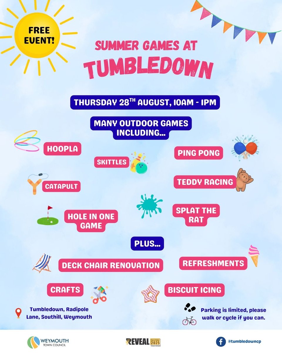 WeymouthWTC's tweet image. 🤩 We are just two days away from the #SummerGames event at #Tumbledown! The team have been busy preparing a range of outdoor games for all to enjoy on Thursday 28th August. Come along between 10am - 1pm to be part of the fun: orlo.uk/JtDGw

#WeymouthTownCouncil