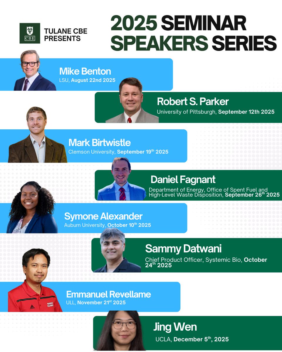Tulane CBE Fall 2025 Seminar Series is here!
Aug 22 – Mike Benton
Sept 12 – Robert S. Parker
Sept 19 – Marc Birtwistle
Sept 26 – Daniel Fagnant 
Oct 10 – Symone Alexander 
Oct 24 – Sammy Datwani 
Nov 21- Emmanuel Revellame 
Dec 5 – Jing Wen
