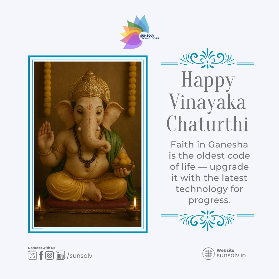 sunsolv's tweet image. 🙏🐘 Happy Vinayaka Chaturthi!

At SUNSOLV TECHNOLOGIES, we celebrate wisdom, prosperity &amp;amp; innovation — where tradition meets technology. 🚀✨

#HappyVinayakaChaturthi #GaneshChaturthi2025 #TraditionMeetsTech #SUNSOLV