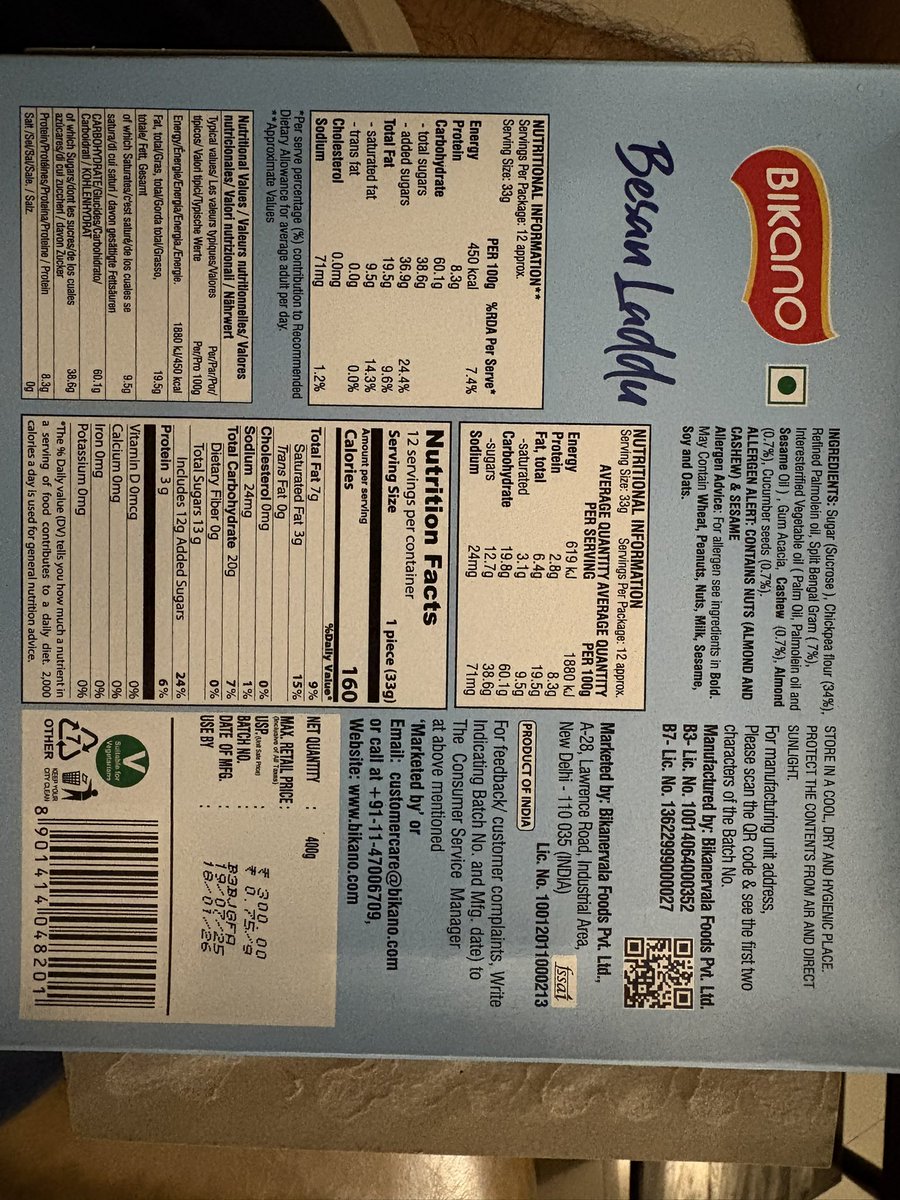 ASVK1991's tweet photo. @BikanoWorld I ordered a BESAN laddu pack of 400gms today. Please refer attached photo with product package for details. 
After opening the pack and tasting one laddu, the taste was disappointing and extremely bad with bitter taste of oil ! https://t.co/MQjzCT1Exx