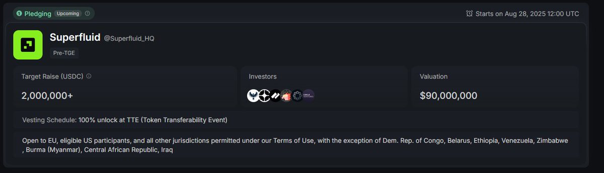 Superfluid - live on our Capital Launchpad on Thursday!

When: 12:00PM UTC, Thursday 28th August 2025

Valuation: $90M FDV

Target raise: $2M+

Vesting: 100% unlock at TTE (Token Transferability Event)

Prev Valuation: $150M FDV

Min/Max Allocation: $1000 - $100,000

Max Offering