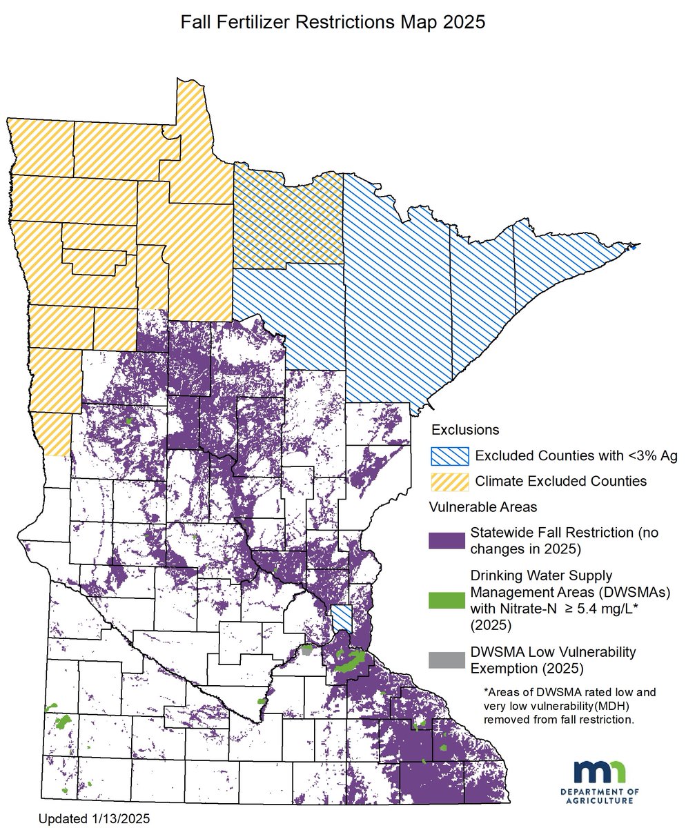 Reminder: Restrictions on application of nitrogen fertilizer take effect September 1 of each year. Know when and where to apply in the fall by checking our Vulnerable Groundwater Area Map to make sure it hasn't changed in your area for this year. #MNAg

🔗 mda.state.mn.us/know-where-whe…