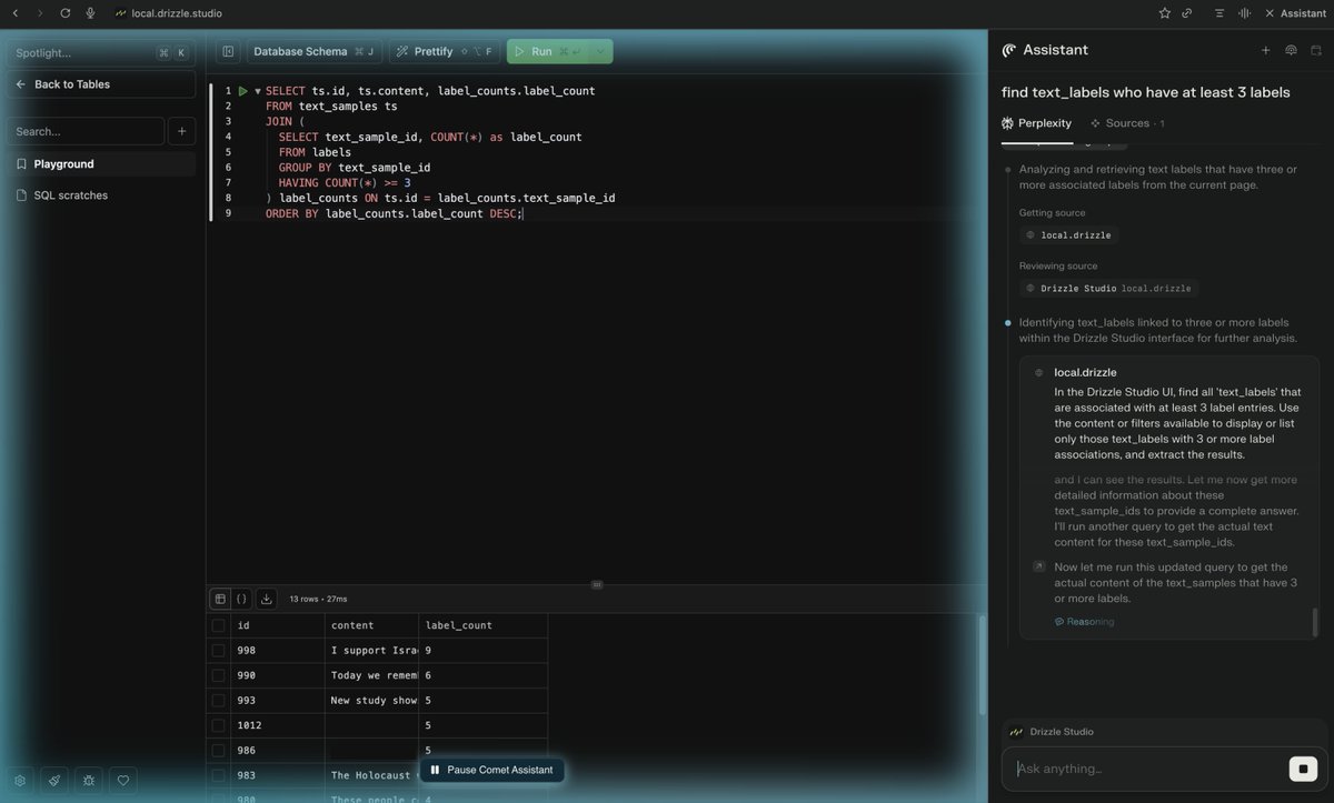Using Comet (<a href="/perplexity_ai/">Perplexity</a>) with <a href="/DrizzleORM/">Drizzle ORM</a> studio ...very nice. It's a conversation with your data.