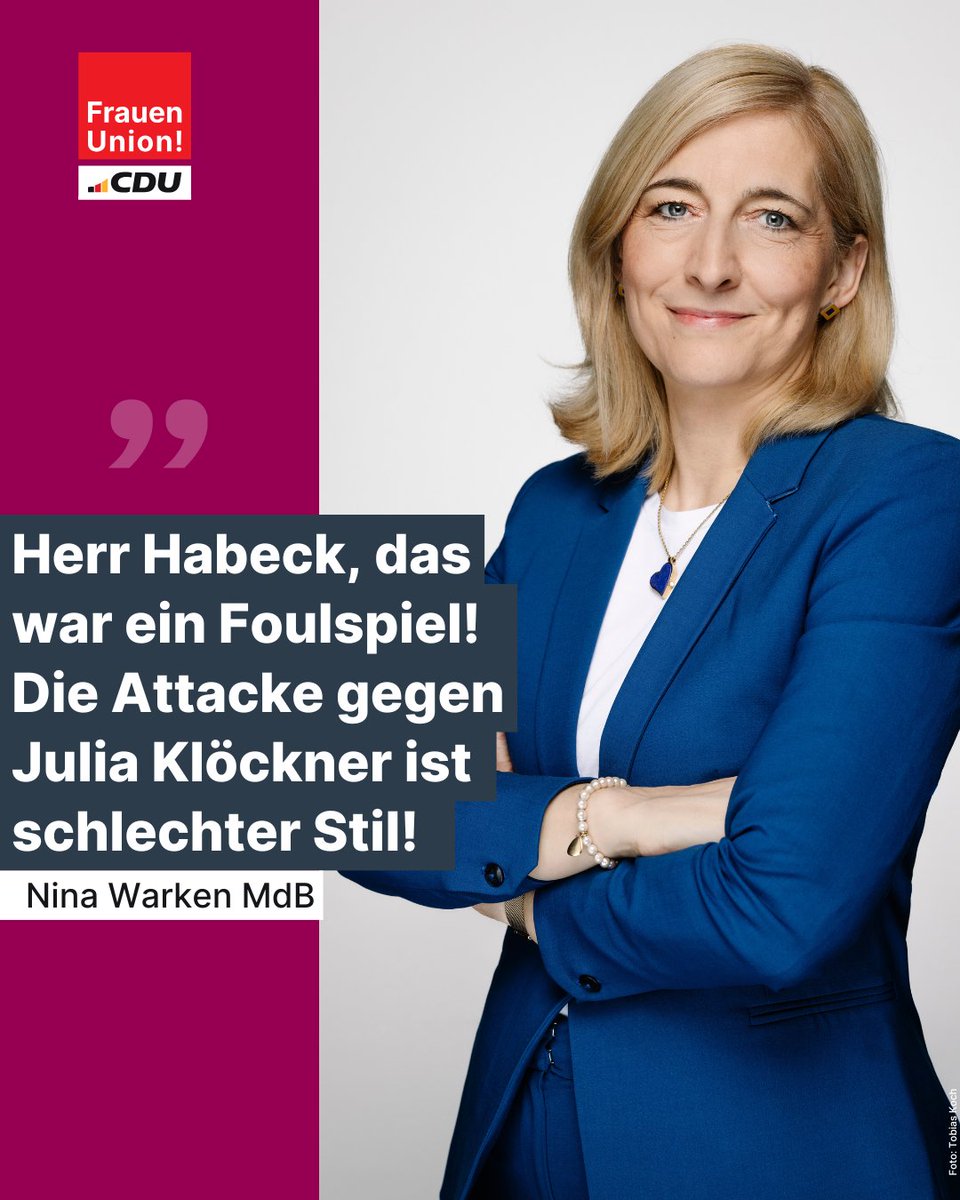 "Diese Attacke gegen Bundestagspräsidentin Julia Klöckner hätte sich Robert Habeck bei einem Mann wohl nicht getraut. Seine eigene Messlatte des politischen Anstands hat er gerissen“, kommentiert <a href="/ninawarken/">Nina Warken</a>, Vorsitzende <a href="/frauenunion/">Frauen Union</a>, die Äußerungen von Habeck im taz-Interview.
