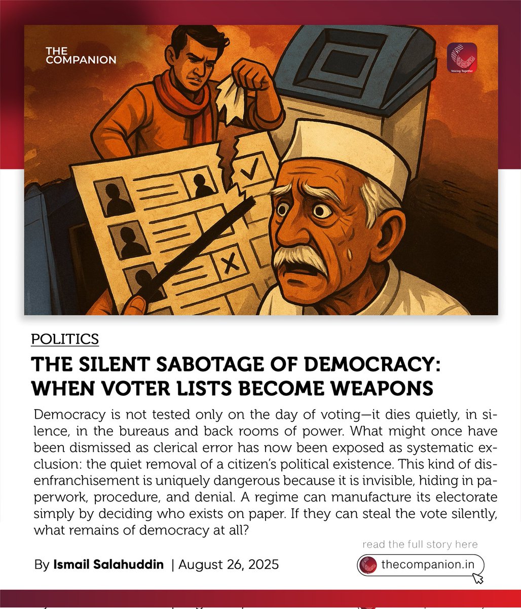 Democracy is not tested only on the day of voting—it dies quietly, in silence, in the bureaus and back rooms of power. 

Writes Ismail Salahuddin

Read the complete piece:
thecompanion.in/the-silent-sab…