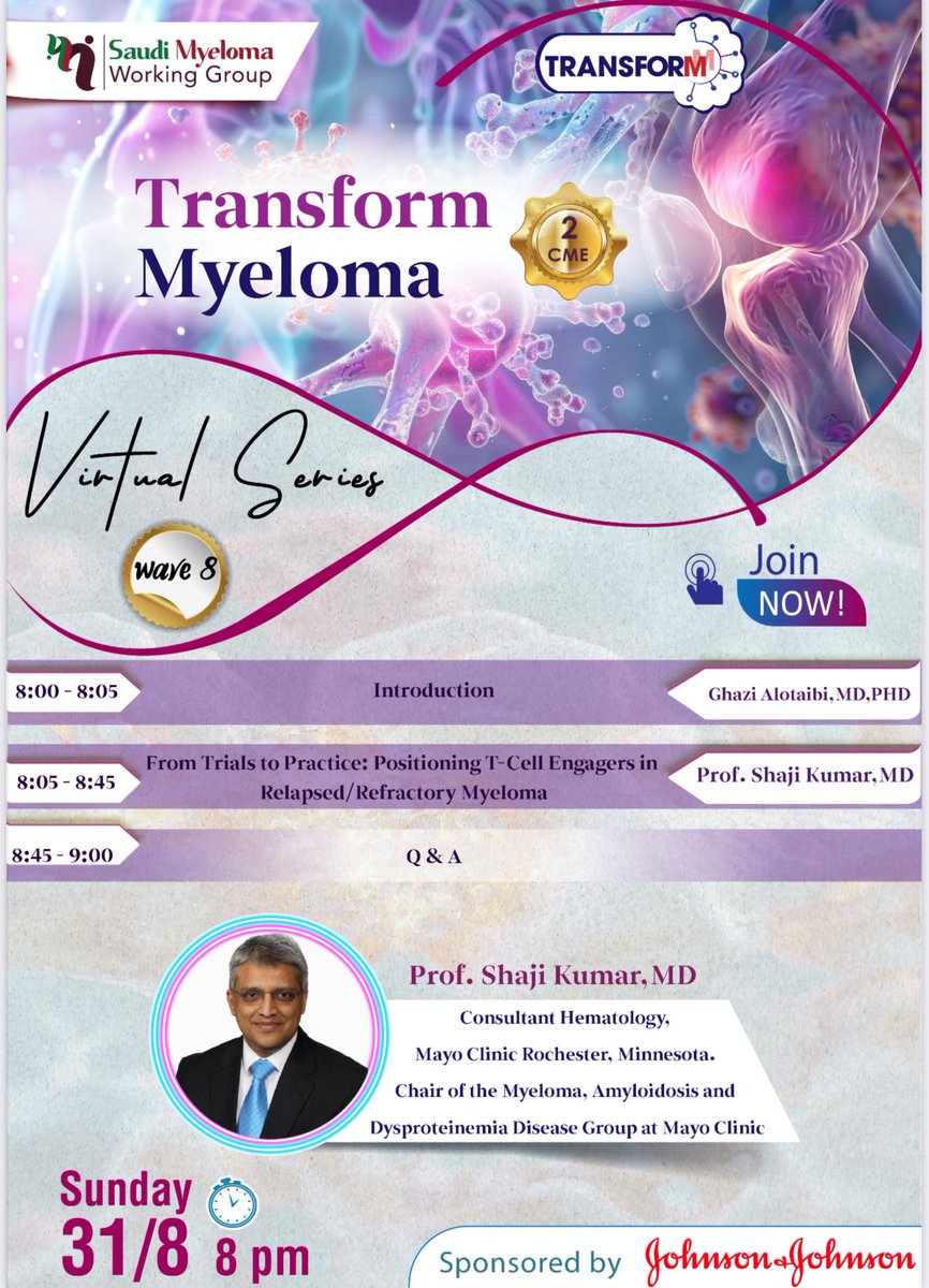 Join us for the Saudi Myeloma Working Group Virtual Series (Wave 8)
🗓️ Sunday, Aug 31 | 8 PM (KSA) | 2 CME
🎤 Prof. Shaji Kumar <a href="/myelomaMD/">Shaji Kumar</a> (Mayo Clinic)
Topic: Positioning T-Cell Engagers in Relapsed/Refractory Myeloma
💻 Don’t miss it!

us06web.zoom.us/webinar/regist…