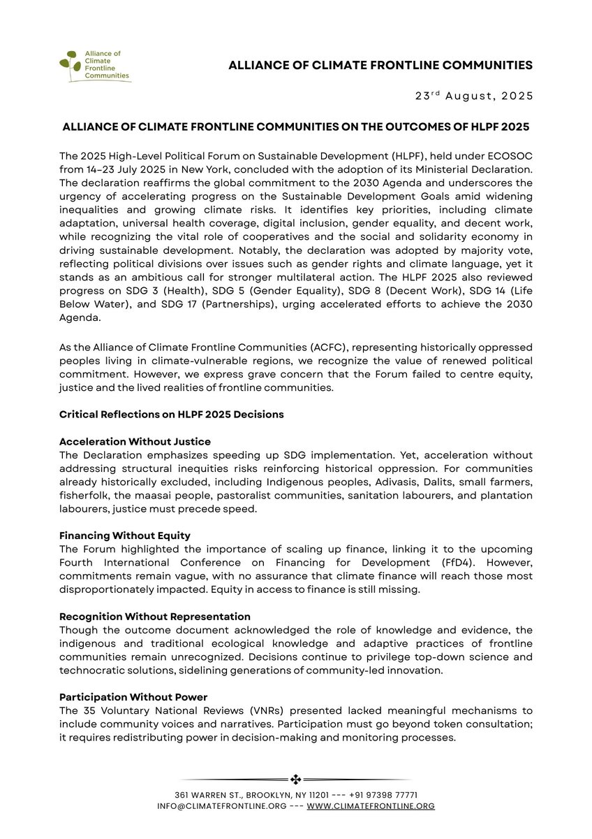 ACFCrights's tweet photo. ACFC's take on #HLPF2025 outcomes

While we welcome renewed SDG commitments, the High-Level Political Forum failed to center equity &amp; justice for frontline communities.

🔗Read our position here: https://t.co/qJehcSu0gP

#frontlinecommunities #climatefaculties #climatejustice https://t.co/4c6DZPddE6