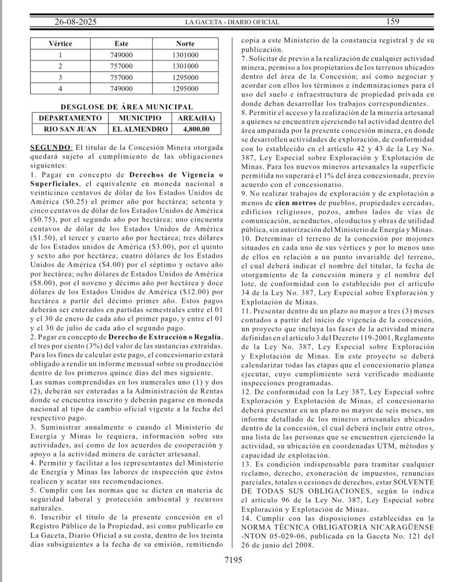 El régimen #OrtegaMurillo otorgó hoy una nueva concesión minera a la empresa china XinXin Linze Mineria Group Sociedad Anónima por 4800 hectareas en el municipio de El Almendro, Rio San Juan. #SOSNicaragua.