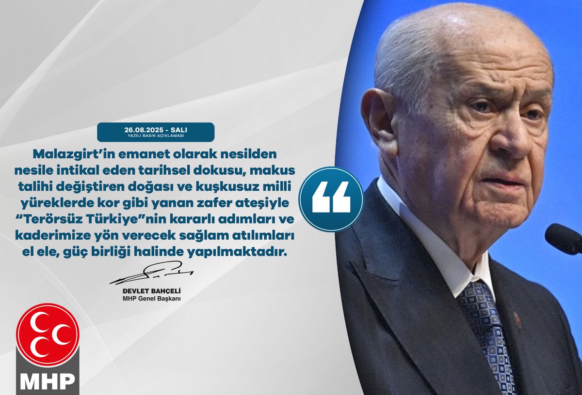 Malazgirt’in emanet olarak nesilden nesile intikal eden tarihsel dokusu, makus talihi değiştiren doğası ve kuşkusuz milli yüreklerde kor gibi yanan zafer ateşiyle “Terörsüz Türkiye”nin kararlı adımları ve kaderimize yön verecek sağlam atılımları el ele, güç birliği halinde