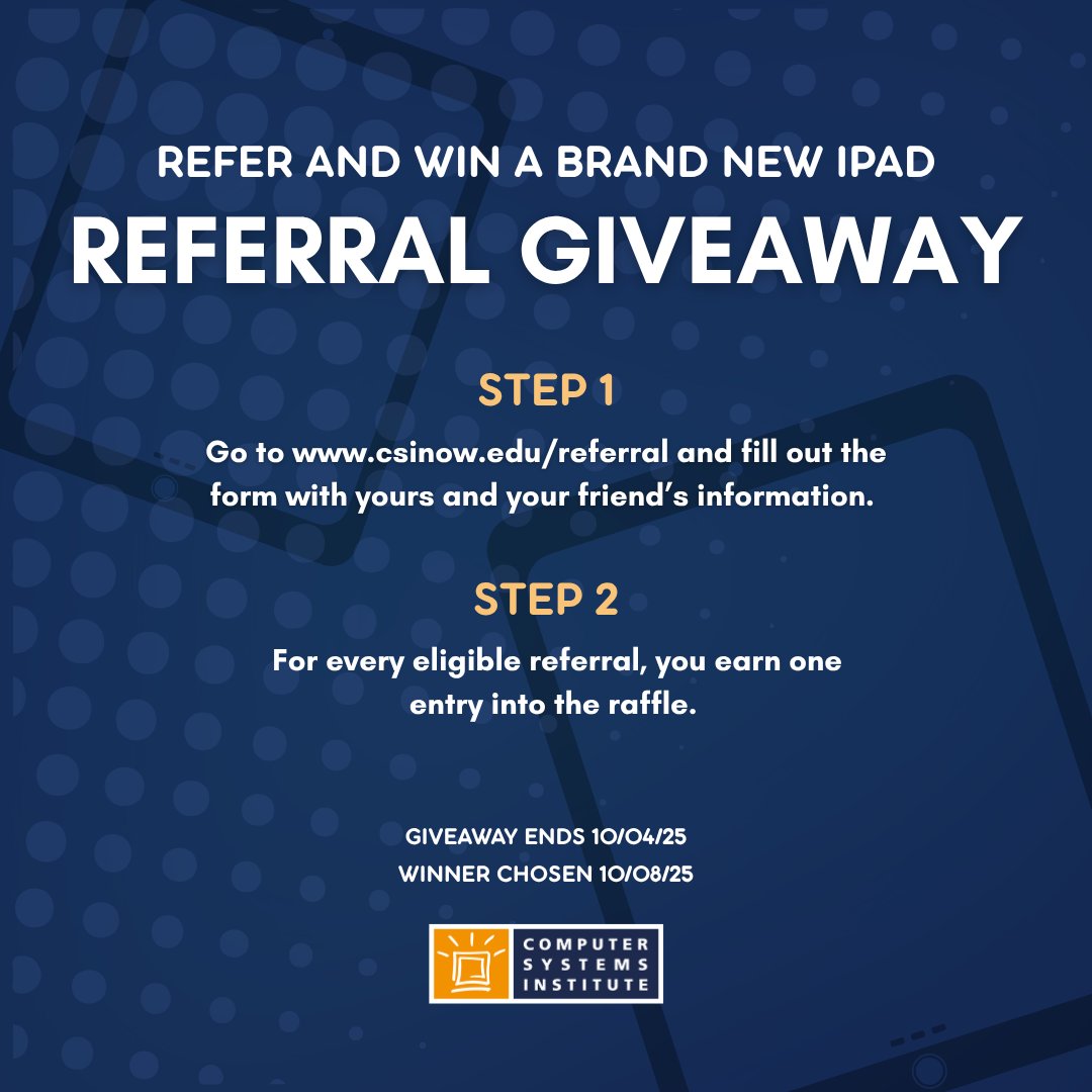 CSInowEDU's tweet image. Have a friend who would like to join CSI? Refer them at csinow.edu/referral. For every eligible referral, you&apos;ll receive one entry into our iPad raffle.

Referral deadline: October 4, 2025
Winner announced: October 8, 2025

#CSIReferral #WhyCSI #Giveaway #StudyWithCSI
