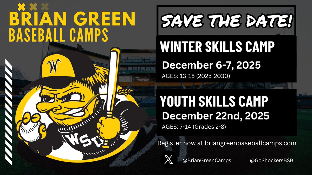 🔥 Don’t miss it! 🔥 Our Shocker Winter Skills Camp (Dec. 6–7, ages 13–18) and Youth Skills Camp (Dec. 22, ages 7–14) are open for registration! ⚾ Spots will go fast—sign up today 👉 briangreenbaseballcamps.com