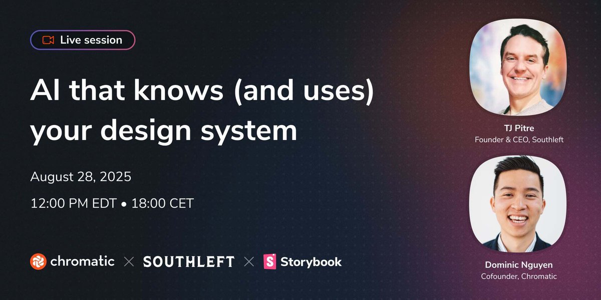 Thursday: <a href="/tpitre/">TJ Pitre</a> (CEO, Southleft) shows what happens when you give AI your design system:

⚡ On-brand UI from the first prompt
🧩 Storybook + MCP + Claude workflows
🚀 Faster prototyping, fewer re-prompts

Don’t miss it! (link in comments)