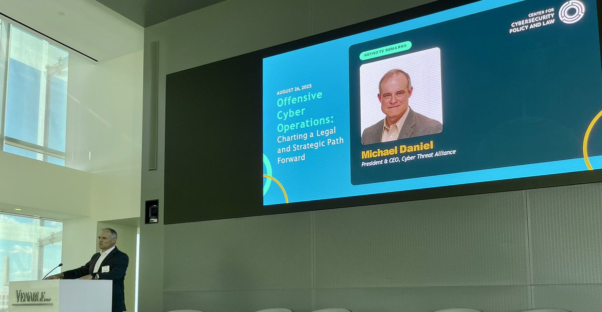 christinayiotis's tweet image. J. Michael Daniel, President &amp;amp; CEO, Cyber Threat Alliance, delivers Keynote at Venable LLP’s Center for Cybersecurity Policy and Law’s “Offensive Cyber Operations--Charting a #Legal and #Strategic Path Forward” #CyberOperations #ActiveCyberDefense @CyberSecCenter @CyAlliancePrez