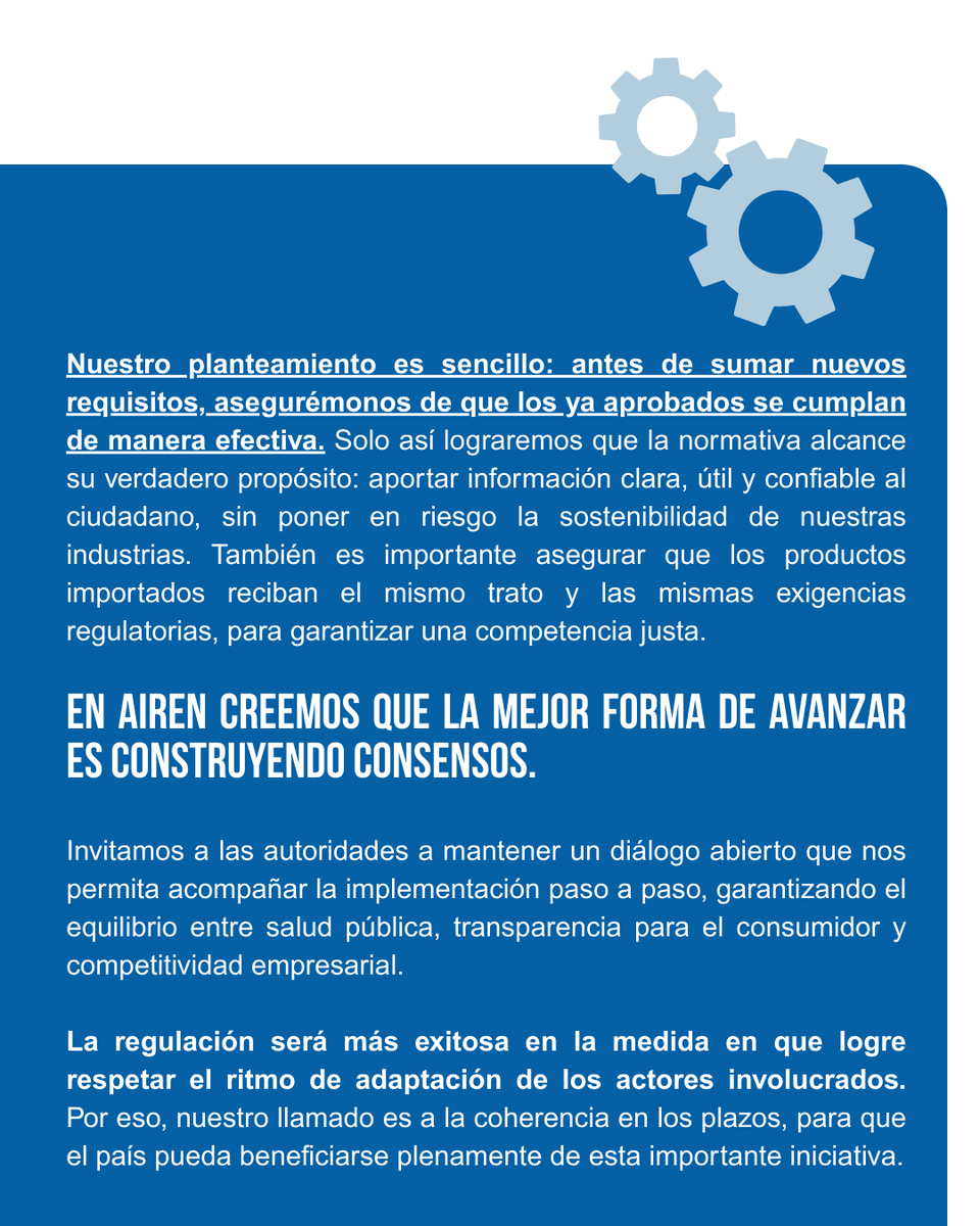 #AIRENRD Antes de sumar nuevos requisitos, se deben cumplir los ya aprobados. Solo así lograremos que la normativa de #EtiquetadoFrontal alcance el aporte a un mercado más informado y responsable, sin poner en riesgo la sostenibilidad de nuestras industrias.