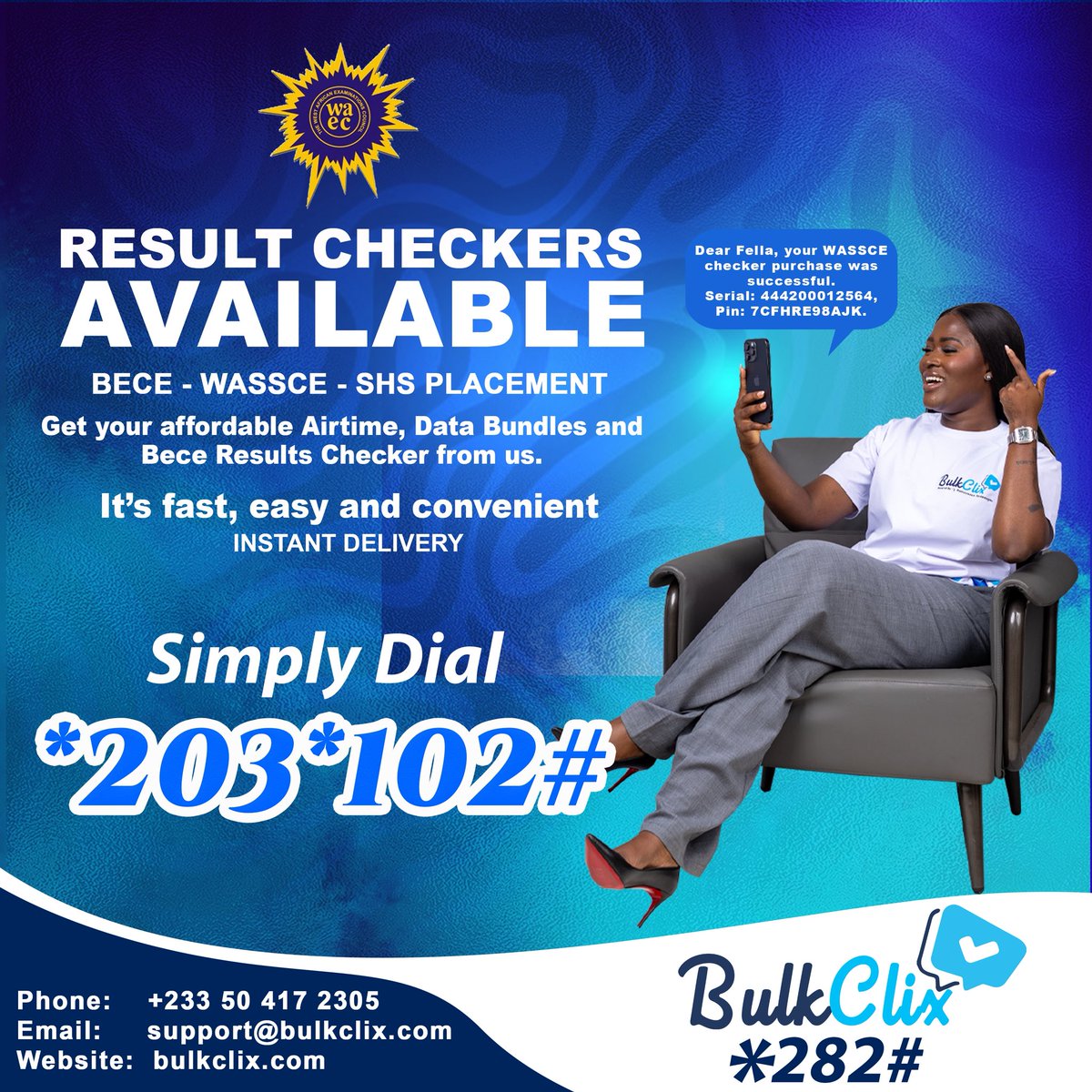BulkClix's tweet photo. Need a Result Checker? We’ve got you covered!

BECE
WASSCE
SHS Placement

Get yours from BulkClix fast, easy &amp; instant delivery 🚀
Dial 203102# now!

Also grab affordable Airtime &amp; Data Bundles 💙

#BulkClix #BECE #WASSCE #SHSPlacement #InstantDelivery https://t.co/P0WGES5GAQ