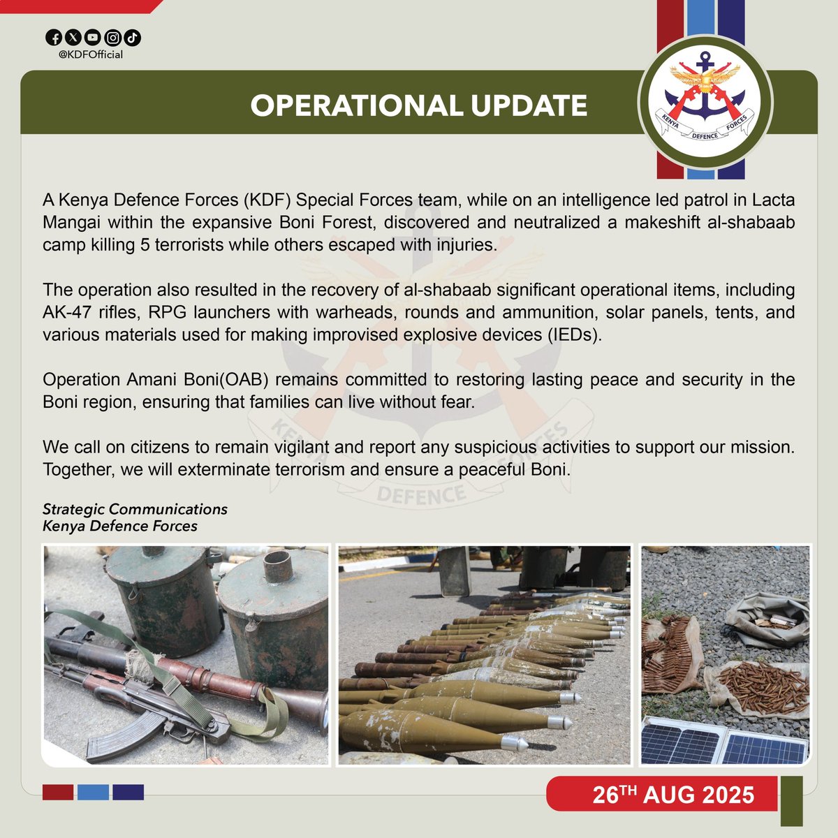 Kenya Security Arena (KSA) (@securityarenake) on Twitter photo Kenya Defence Forces (KDF) Special Forces Team kills five #Ashabaab members & destroys their makeshift camp in Boni Forest, #Lamu.
This is part of efforts by Security Agencies to clear Alshabaab remnants from Kenya.
Let's support war on terrorism.
<a href="/kdfinfo/">Kenya Defence Forces</a> <a href="/InteriorKE/">Ministry of Interior | Kenya</a> Kenya Defence Forces (KDF) Special Forces Team kills five #Ashabaab members & destroys their makeshift camp in Boni Forest, #Lamu.
This is part of efforts by Security Agencies to clear Alshabaab remnants from Kenya.
Let's support war on terrorism.
<a href="/kdfinfo/">Kenya Defence Forces</a> <a href="/InteriorKE/">Ministry of Interior | Kenya</a>