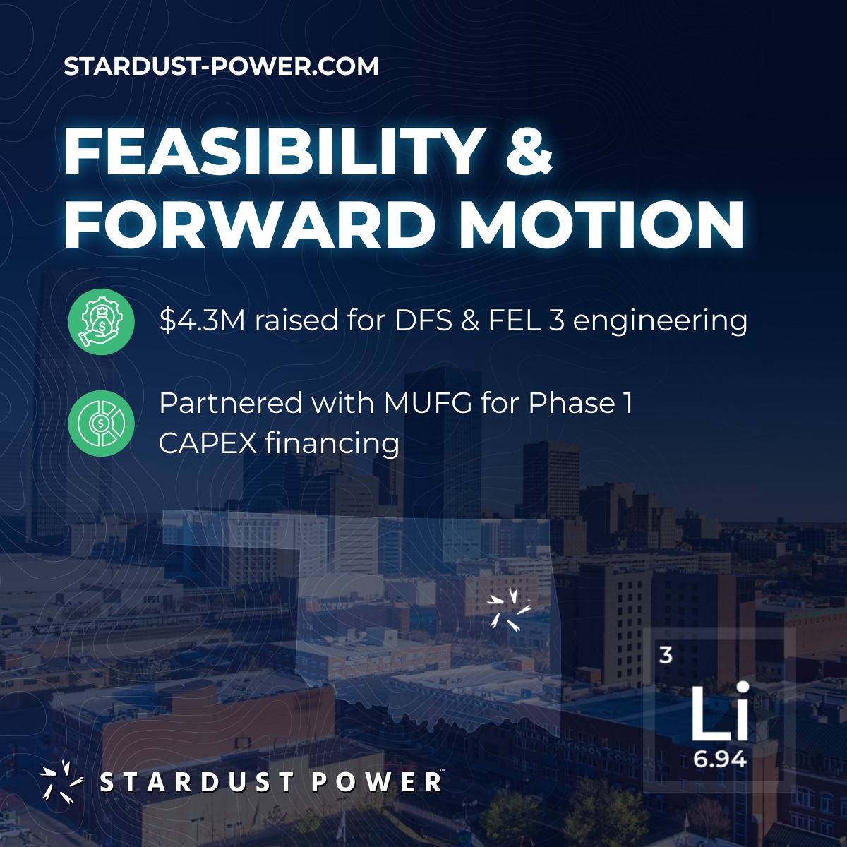 SDST_Power's tweet image. 💰 Funded for Feasibility &amp;amp; Forward Motion
We raised $4.3M to pay for our Definitive Feasibility Study &amp;amp; FEL3 engineering and are working with MUFG on financing Phase 1 CAPEX. Every milestone moves us closer to a scalable US lithium platform.
$SDST #LithiumRefining #StardustPower