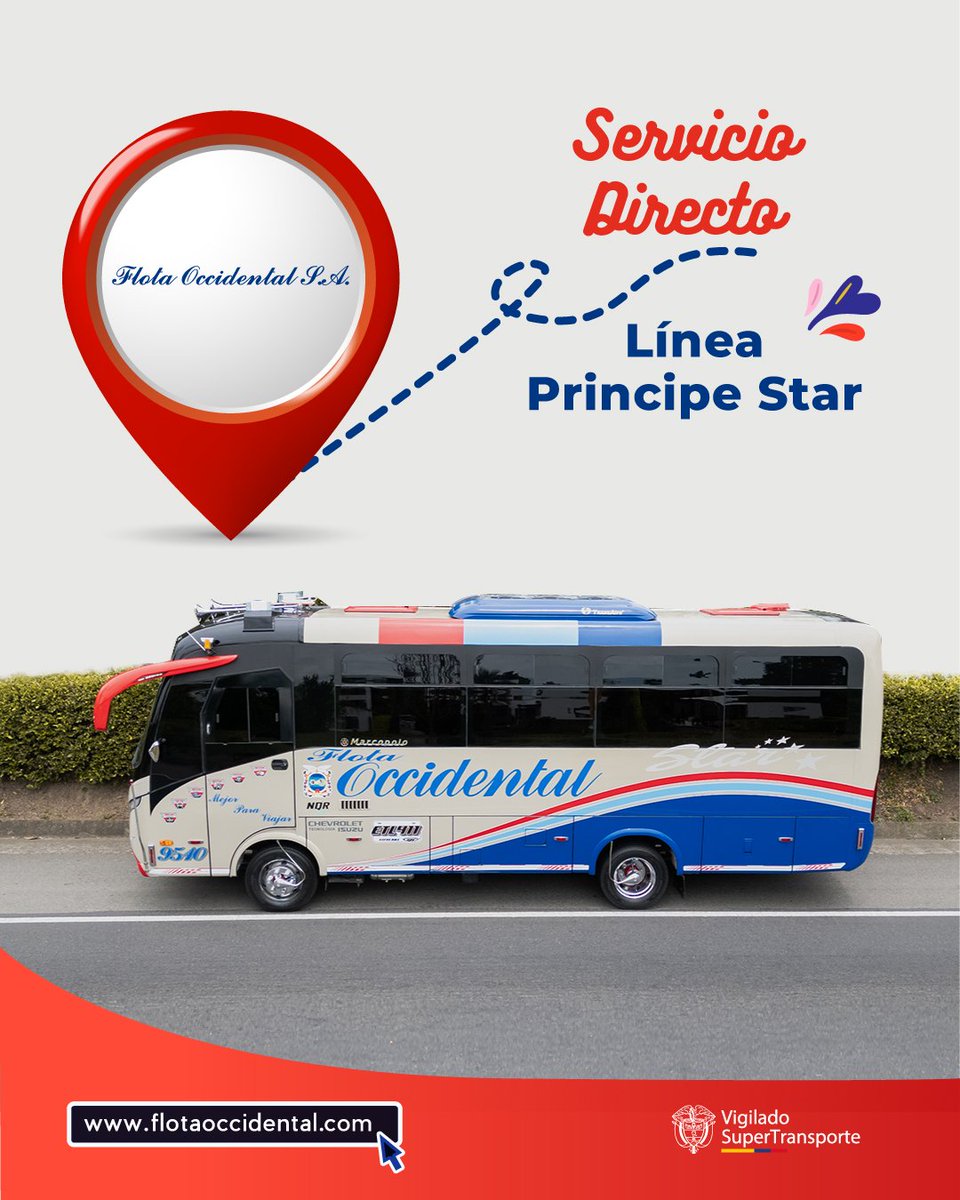 Nuevo servicio directo entre Pereira y Medellín con recogida en:

La Virginia - Anserma - Riosucio Supia - La Pintada

Solo salida 4:10 am desde Pereira, y desde Medellín 1.30 pm.

¡Viaja cómodo y seguro en nuestra Línea Príncipe Star!

#FlotaOccidental #MejorparaViajar