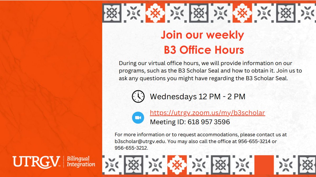 🎓 Got questions about the B3 Scholar Seal?
Join our weekly B3 Office Hours every Wednesday from 12 PM to 2 PM via Zoom!
Learn more about our programs and get your questions answered.
