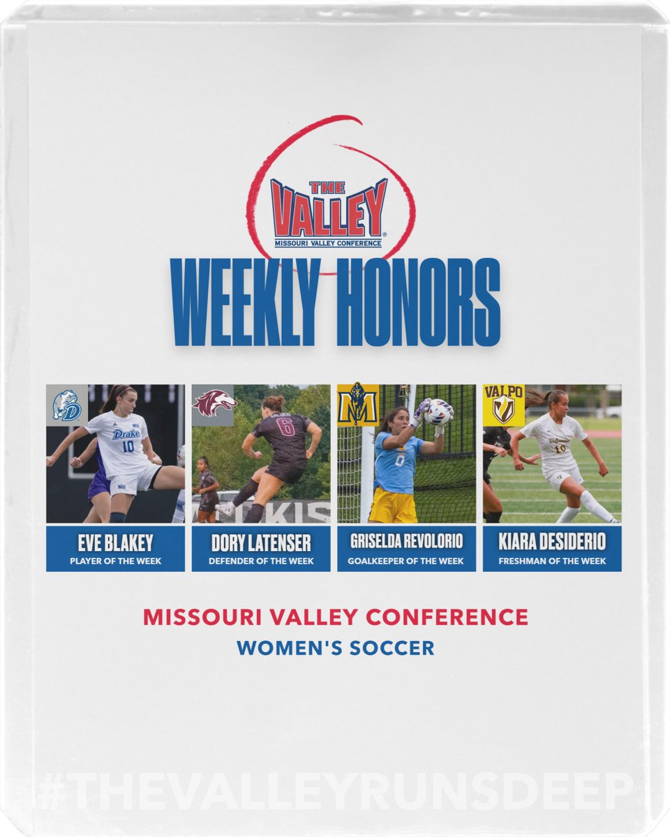 Missouri Valley Conference (@mvcsports) on Twitter photo MVC WSOC weekly honors go to Eve Blakey <a href="/DrakeWSoccer/">Drake Women's Soccer</a> | Dory Latenser <a href="/SIU_Soccer/">Saluki Soccer</a> | Griselda Revolorio <a href="/RacersSoccer/">Murray State Soccer</a> | Kiara Desiderio <a href="/ValpoWSO/">Valpo Women's Soccer</a>
MORE: bit.ly/45QI69X MVC WSOC weekly honors go to Eve Blakey <a href="/DrakeWSoccer/">Drake Women's Soccer</a> | Dory Latenser <a href="/SIU_Soccer/">Saluki Soccer</a> | Griselda Revolorio <a href="/RacersSoccer/">Murray State Soccer</a> | Kiara Desiderio <a href="/ValpoWSO/">Valpo Women's Soccer</a>
MORE: bit.ly/45QI69X