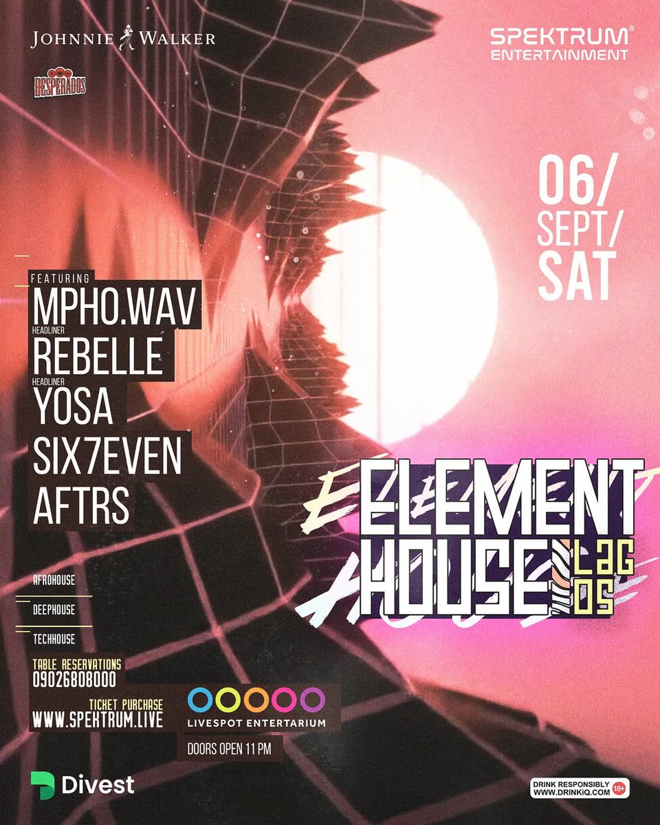 The dancefloor is calling. Sept 6, Element House returns with a lineup built to shake the city: Mpho.wav, Rebelle, Yosa, Six7even, and AFTRS. 

See you on the dancefloor really soon