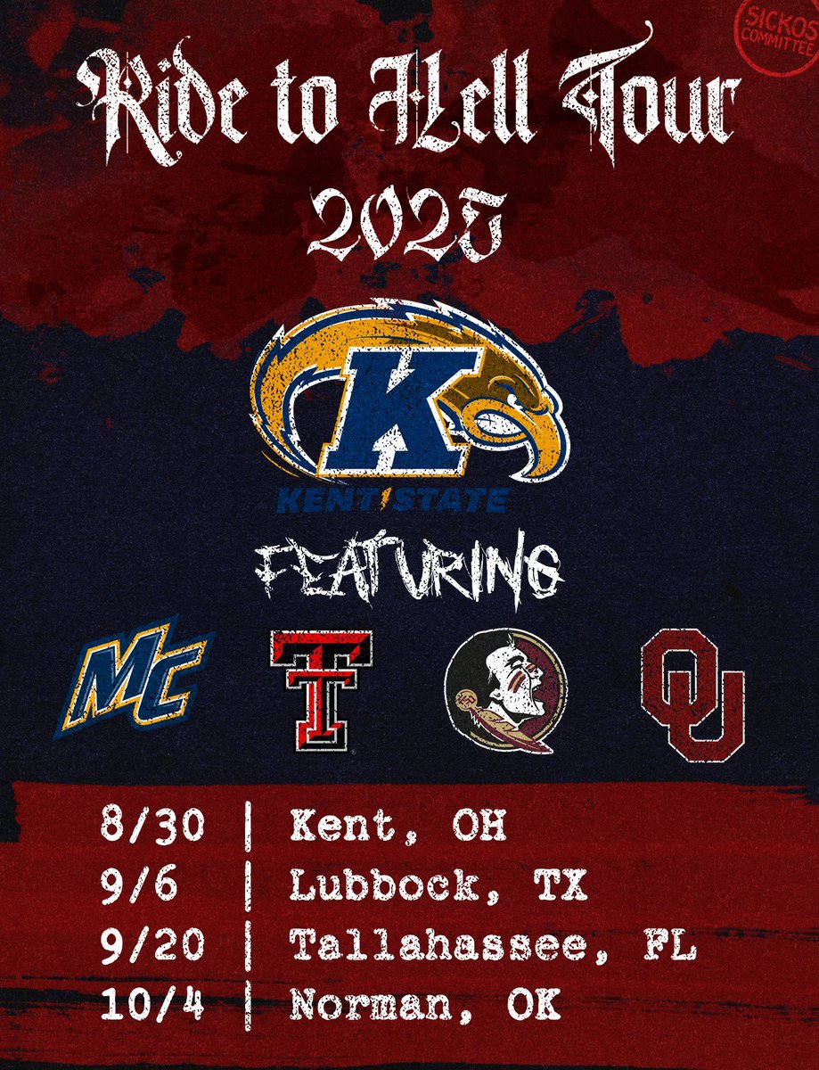 All aboard the <a href="/KentStFootball/">Kent State Football</a> Ride to Hell 2025 tour, who start their season at home against Merrimack, then head out on the road against Texas Tech, Florida State, and Oklahoma.