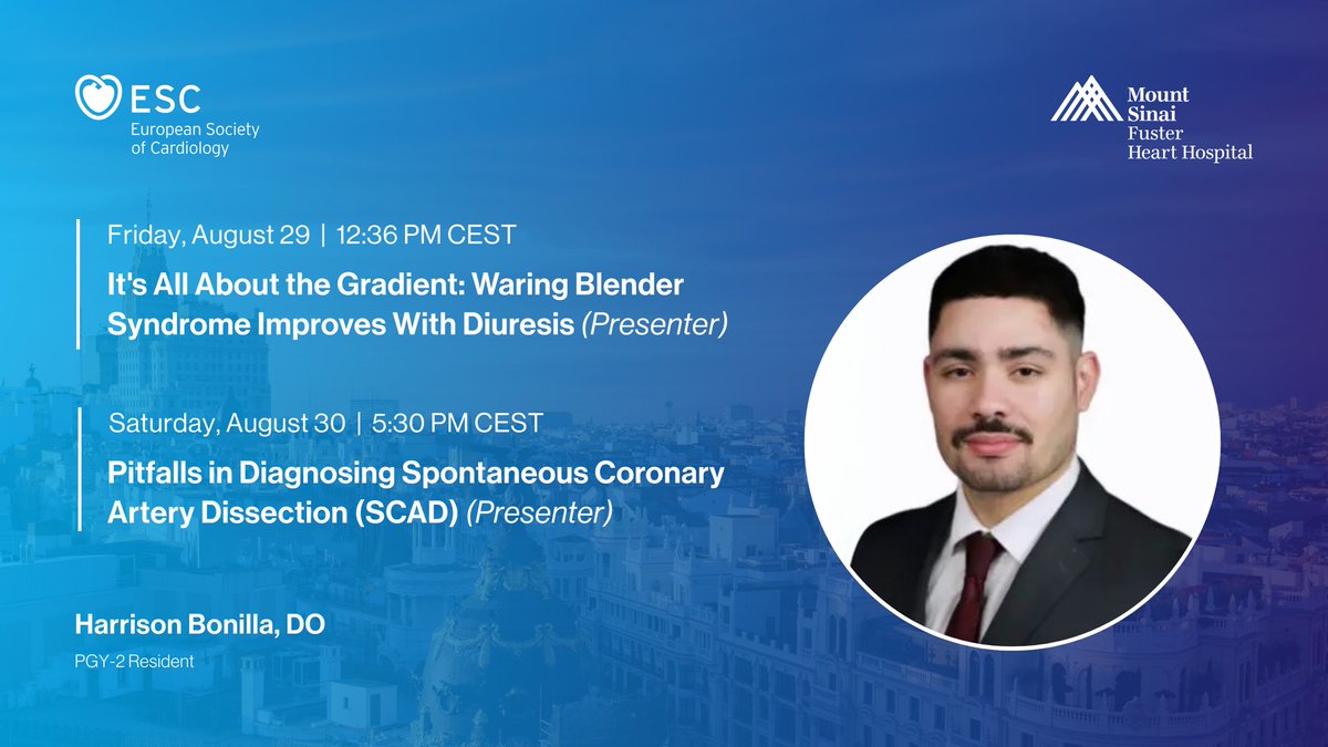 MountSinaiHeart's tweet photo. Gain insights into Waring Blender Syndrome and Spontaneous Coronary Artery Dissection with Dr. Harrison Bonilla at #ESCCongress 2025 with #WCCardio.

#CardioX @escardio @IcahnMountSinai https://t.co/jdjNoutMPP